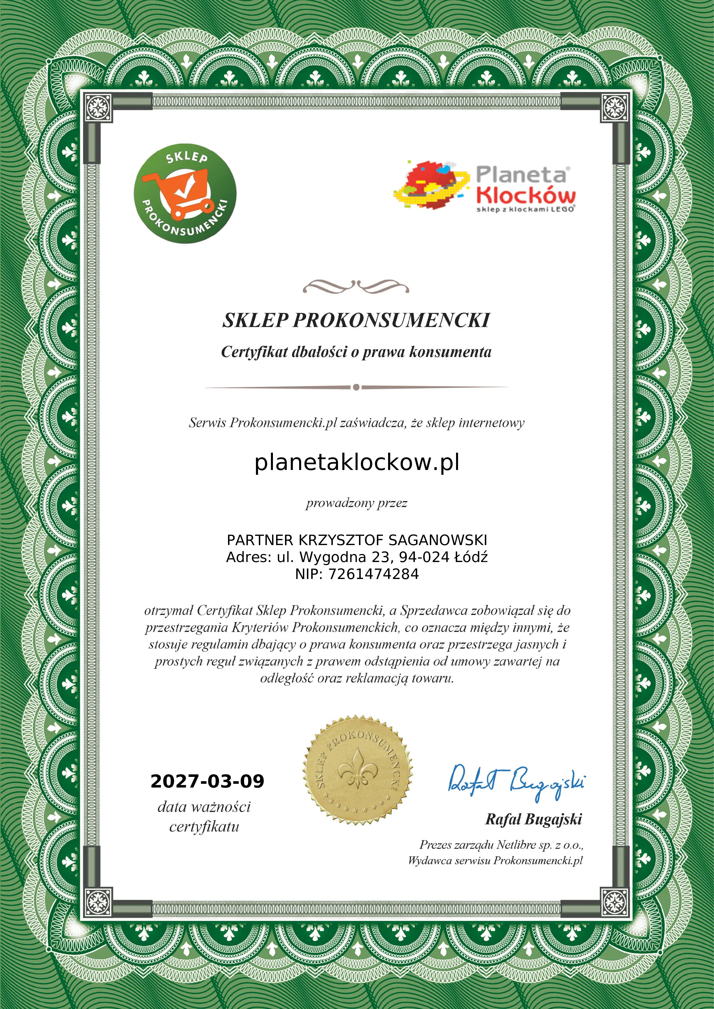 Certyfikat Sklep Prokonsumencki Planeta Klocków Sklep z klockami LEGO